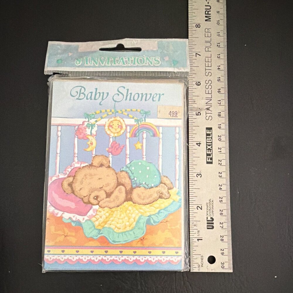 Vintage Amscan Baby Shower Bedtime Bear Invitations 8 Flat Cards w/ Envelopes